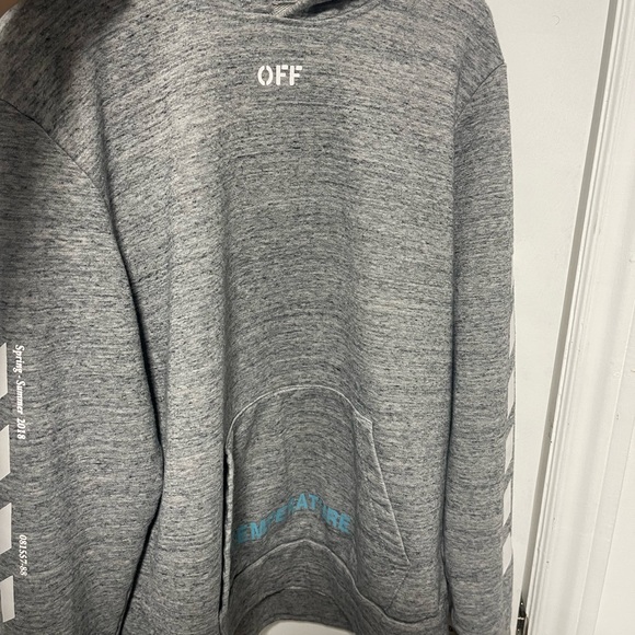 Men's Gray Zip-Up Hoodie with White Graphic Panels and Blue Accent Off White - Picture 3 of 7